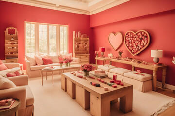 Interior design, 3D rendering: a pink and red room with hearts and beige couches and wood tables, natural light. Generative AI