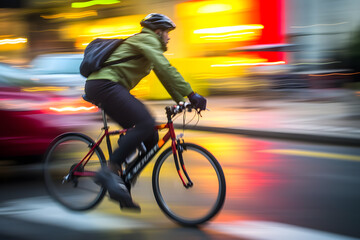 Fototapeta na wymiar Motion blur image of a city cyclist speeding through traffic, creating a sense of urban energy and transportation. Generative AI