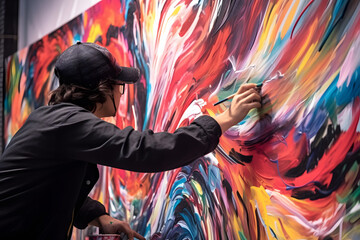 Motion blur image of a street artist painting a mural with dynamic strokes, capturing the movement and creativity in the act of creating art. Generative AI - obrazy, fototapety, plakaty