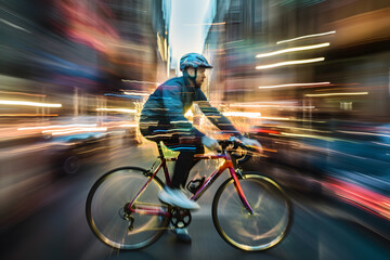 Multiple exposure photograph of a cyclist riding through a city street, blending multiple frames to convey a sense of movement and energy. Generative AI