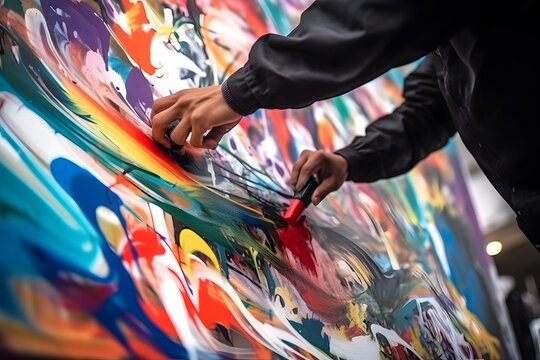 Motion blur image of a street artist painting a mural with dynamic strokes, capturing the movement and creativity in the act of creating art. Generative AI