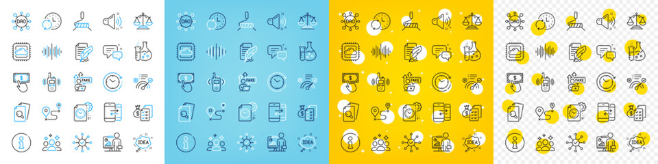 Vector icons set of Journey, Dao and Feather signature line icons pack for web with Fake internet, Sound wave, Correct answer outline icon. Idea, Transmitter, Employees messenger pictogram. Vector
