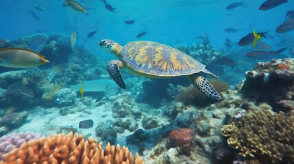 Turtle swimming in the wide open blue ocean. 