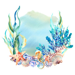 Marine composition on a blue background. Seahorse, seaweed, corals and starfish. Watercolor illustration. Underwater inhabitants.