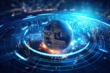 Obraz premium Digital Earth: Embracing Environmental Consciousness in the Digital Revolution. Digital Revolution World, Earth Orbating in Digital Space, Generative AI Illustration