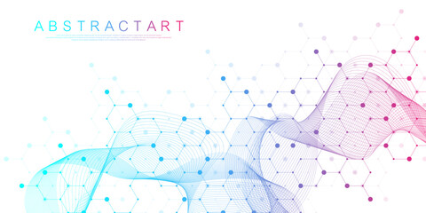 Molecular abstract structure and genetic engineering DNA. Healthcare and medicine background concept. Scientific research background. Wave flow. Innovation pattern. Vector illustration.