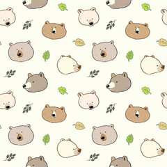 Seamless Pattern of Cartoon Bear Face and Leaf Design on Light Yellow Background
