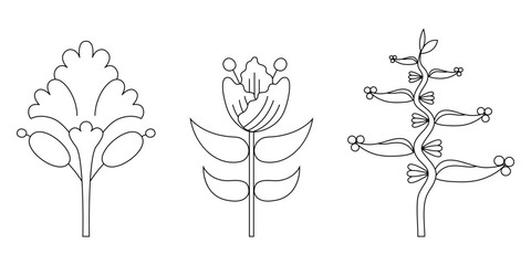 A set of three stylized flowers, Contour drawing, floral element