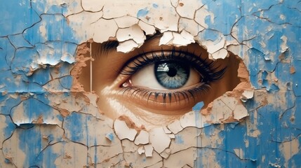 Generative AI, Woman eye looking through a torn hole in vintage paper, blue and beige colors mural. Painted hyperrealistic female art.