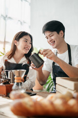 Asian couple joking around, couple, leisure activities.