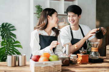 Asian couple joking around, couple, leisure activities.