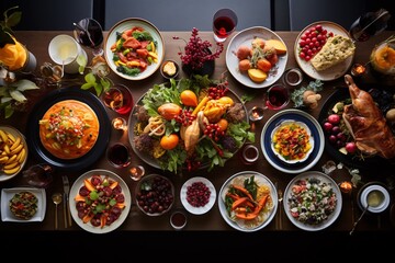 Fototapeta na wymiar overhead shot of a Thanksgiving table laden with a feast