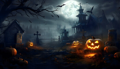 Fototapeta na wymiar Pumpkins In Graveyard In The Spooky Night, dark sky-blue and dark gray color with jack o lantern, castle, Generative AI