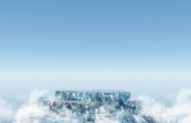 Obraz premium 3d ice crack podium or 3d ice crack dais stage. podium mock-up stand product scene on blue background. ice crack 3d podium stage blue background 