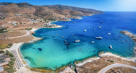 Aerial view of the beautiful bay and beaches of Koundouros at Kea, Tzia island, Greece