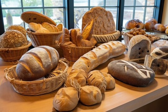 artisan bread in various shapes and sizes on display