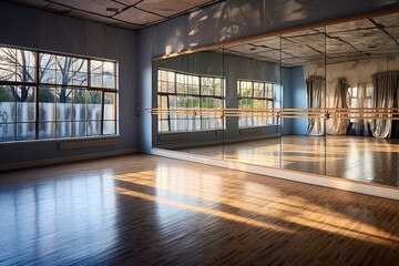 mirror reflection of empty ballet studio