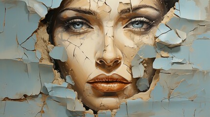 Generative AI, Woman eyes looking through a torn hole in vintage paper, blue and beige colors mural. Painted hyperrealistic female art.