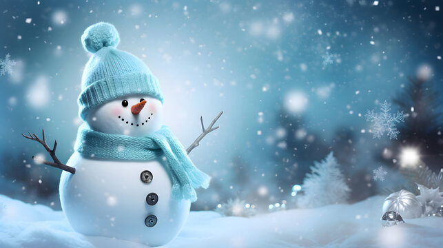 Merry christmas and happy new year concept. Happy snowman standing in christmas landscape, snow fall, Generative AI