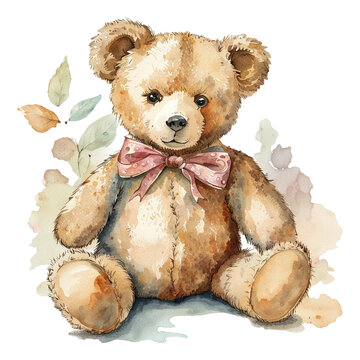 Old Retro Teddy Bear Toy, PNG Clipart Image, Vintage Painted Watercolor Art, Generative AI