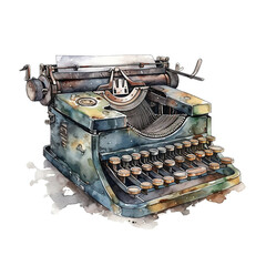 Old Retro Typewriter, PNG Clipart Image, Vintage Painted Watercolor Art, Generative AI