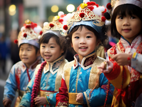 Asian children are participating in a Christmas costume parade. Dressed as various Christmas characters from different Asian cultures, they parade through their neighborhood or school.