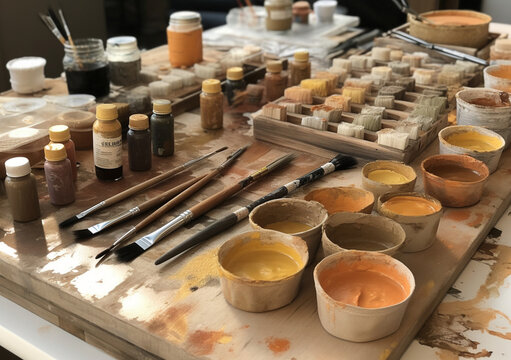 Various brushes for drawing. Artist's tools. Creative workshop for creative works. Generative AI.