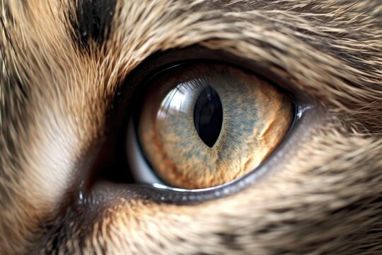 close-up of a cats eye, focused on a tiny mouse in the distance