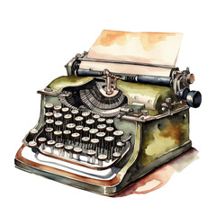 Fototapeta na wymiar Old Retro Typewriter, PNG Clipart Image, Vintage Painted Watercolor Art, Generative AI