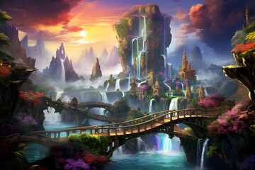 Fototapeta na wymiar Landscape of waterfall and bridge in the park,illustration painting