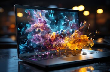 Laptop with fire and smoke on the table.  Created with generative ai