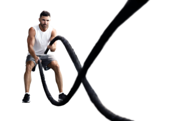Athletic young man with battle rope doing exercise in functional training on a transparent background