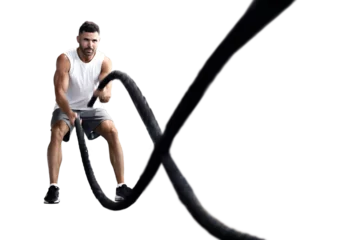 Foto op Canvas Athletic young man with battle rope doing exercise in functional training on a transparent background © ty