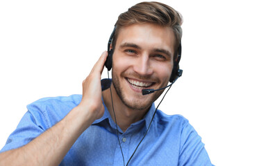 Smiling friendly handsome young male call centre operator on a transparent background