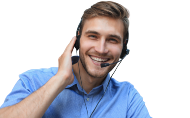 Smiling friendly handsome young male call centre operator on a transparent background