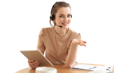 Freelance business women using tablet working call video conference with customer in workplace on a transparent background