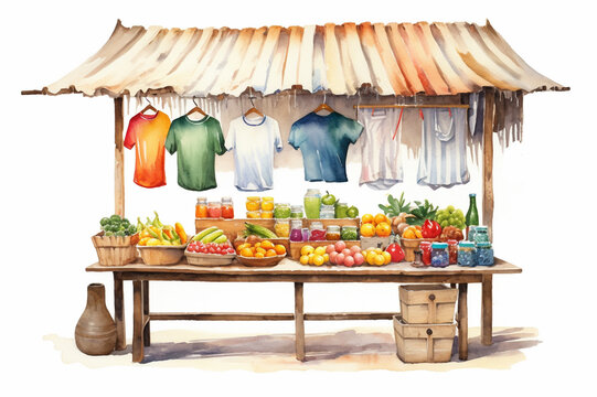 Illustration of market stall with fruits, vegetables and clothing isolated on white background, watercolor. Generative AI.
