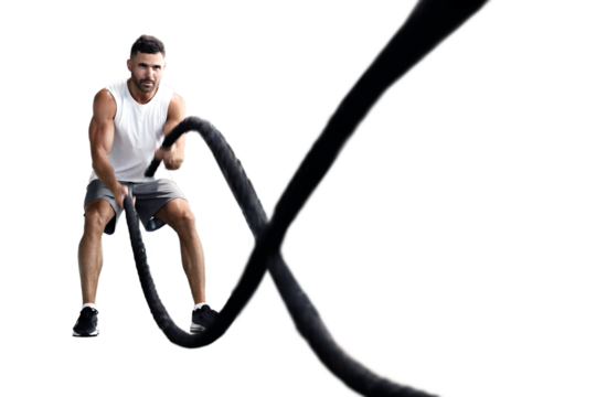 Athletic young man with battle rope doing exercise in functional training on a transparent background