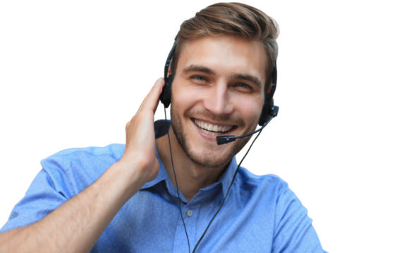 Smiling friendly handsome young male call centre operator on a transparent background