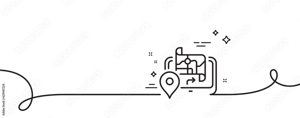 Poster gps map line icon. continuous one line with curl. road path sign. journey route device symbol. gps s