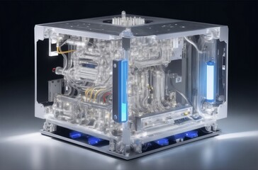 A sleek, silver quantum computer, its intricate circuitry illuminated by a bright white light.Created with generative AI
