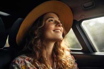 Fototapeta na wymiar happy woman travel summer by car in vacation. Generative AI