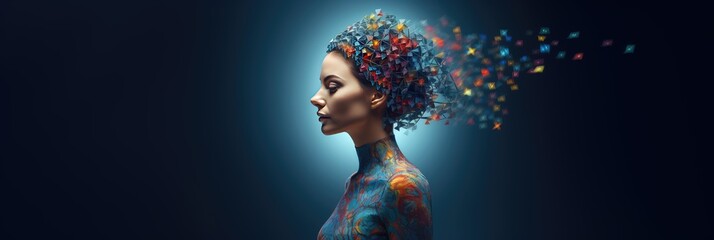 Portrait of beautiful young futuristic woman with abstract glowing brain and digital neuronal circuits on her head, on blue background. Thinking or artificial intelligence. Created with generative ai  - obrazy, fototapety, plakaty