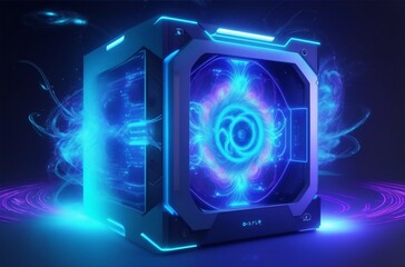 A futuristic quantum computer, glowing with neon blue light, surrounded by a swirling vortex of energy.Created with generative AI
