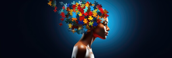 Woman with a puzzle brain. Concept for thinking, neurodiversity, disability, world brain day, mental health and brain neurological health, autism spectrum disorder, created with generative ai