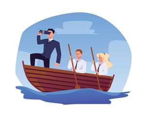 Businessman boss with team sailing on boat, looks forward through binoculars, vector leadership in business crisis