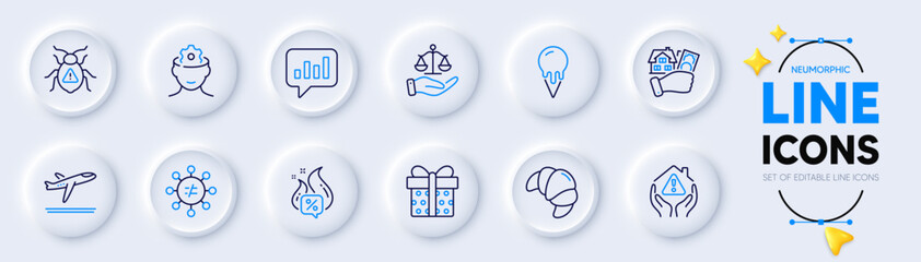 Fototapeta na wymiar Croissant, Software bug and Buying house line icons for web app. Pack of Analytical chat, Ice cream, Justice scales pictogram icons. Gift box, Brain working, Hot offer signs. Vector