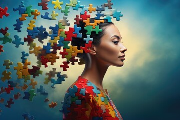 Woman with a puzzle brain. Concept for thinking, neurodiversity, disability, world brain day, mental health and brain neurological health, autism spectrum disorder, created with generative ai - obrazy, fototapety, plakaty