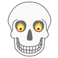 Halloween smiling skull, fire devil eyes