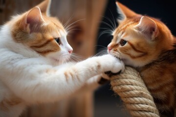 close-up of cats claws on a sisal rope scratching post - obrazy, fototapety, plakaty